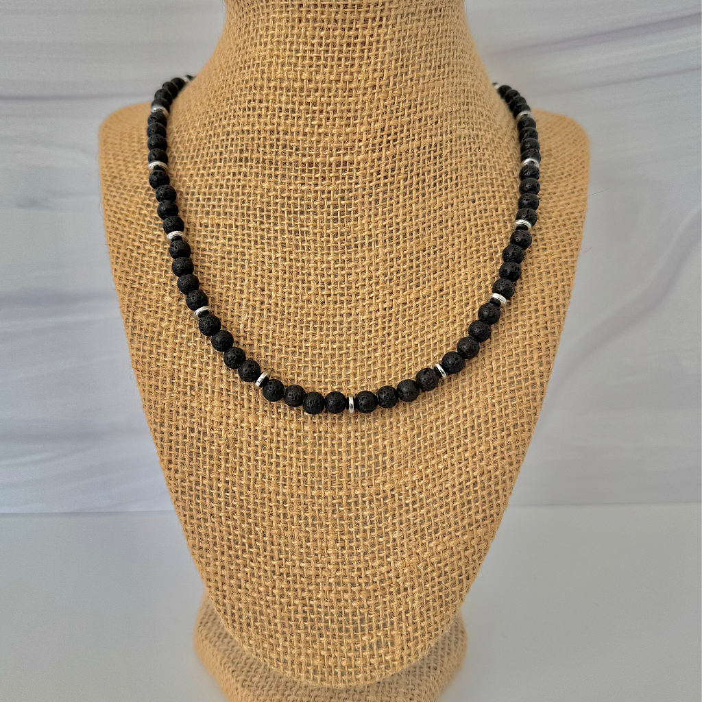 Mens 6mm Black Lava and Hematite Disc Beaded Necklace.