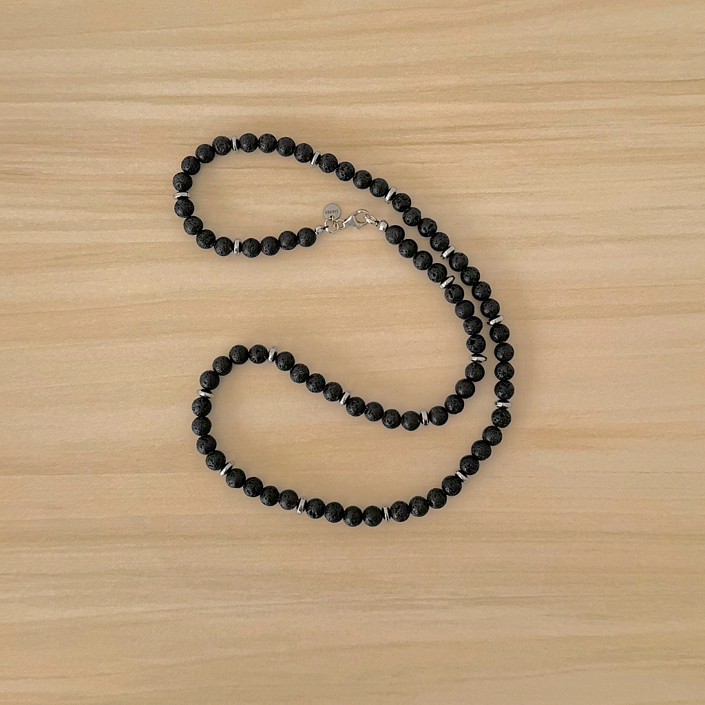 Mens Black Lava and Silver Hematite Disc Beaded 6mm Necklace