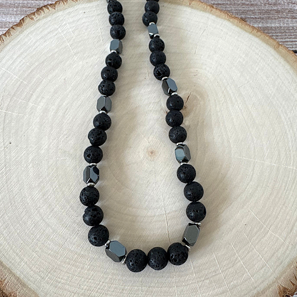 Mens Black Lava and Hematite Rectangle Beaded Necklace On Wood.