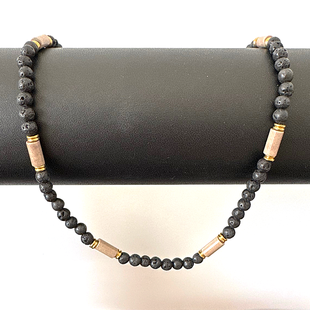 Mens Black Lava and Mushroom Agate Beaded Necklace On A Black Rod