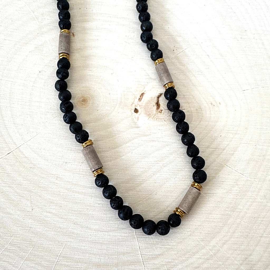 Mens Black Lava and Mushroom Agate Beaded Necklace On Light Wood