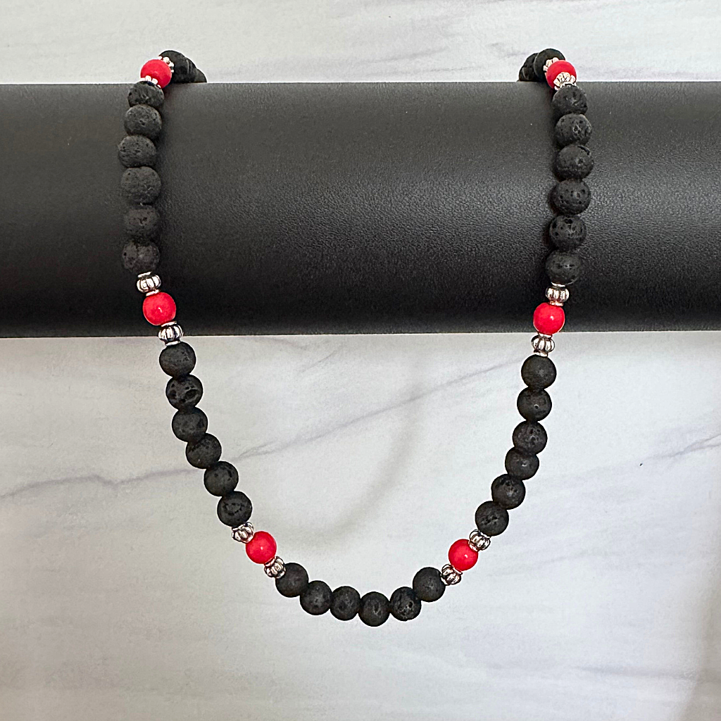 Mens Black Lava and Red Czech Beaded Necklace on a Black Rod