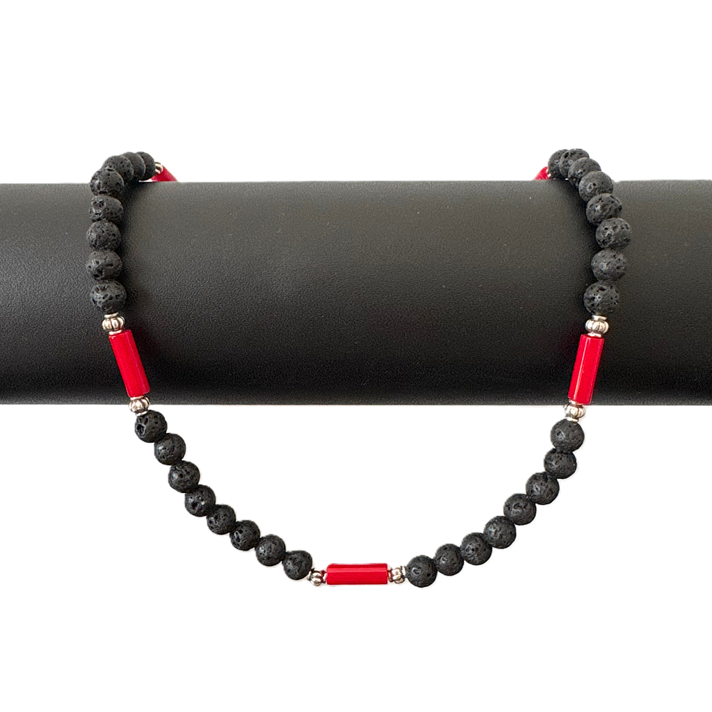 Mens Black Lava and Red Jade Beaded Necklace - JaeBee