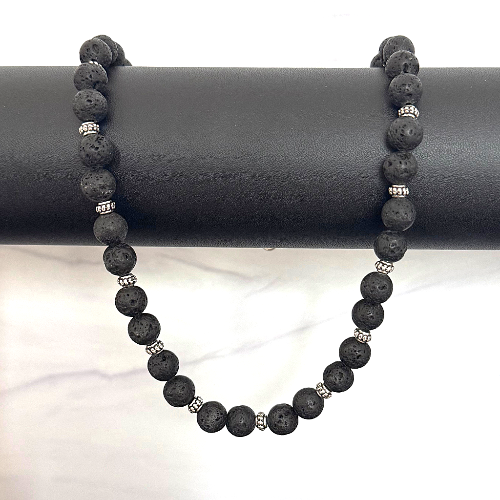 Mens Black Lava and Silver Beaded Necklace - 8mm On A Black Bar