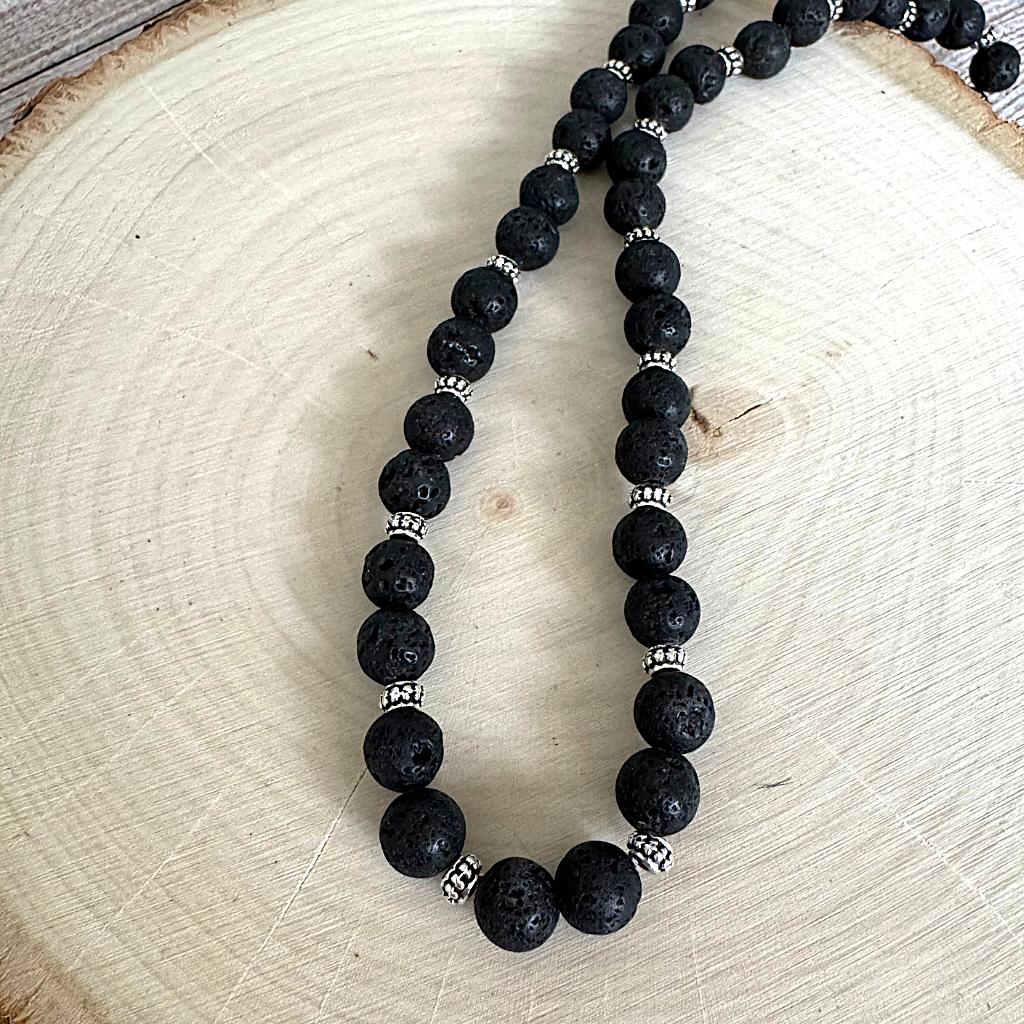 Mens Black Lava and Silver Beaded Necklace - 8mm On Wood