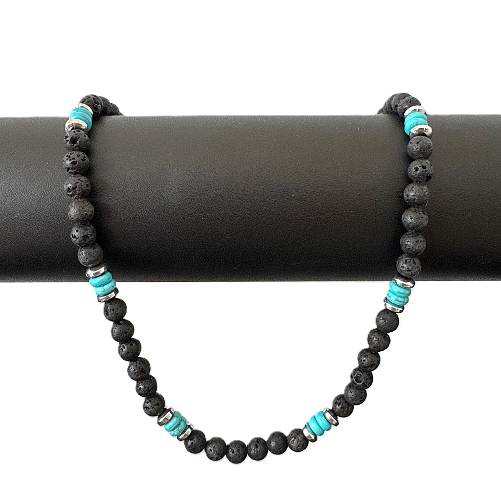 Mens Black Lava and Turquoise Howlite Beaded Necklace Displayed