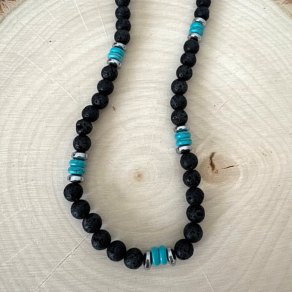 Mens Black Lava and Turquoise Howlite Beaded Necklace On Wood