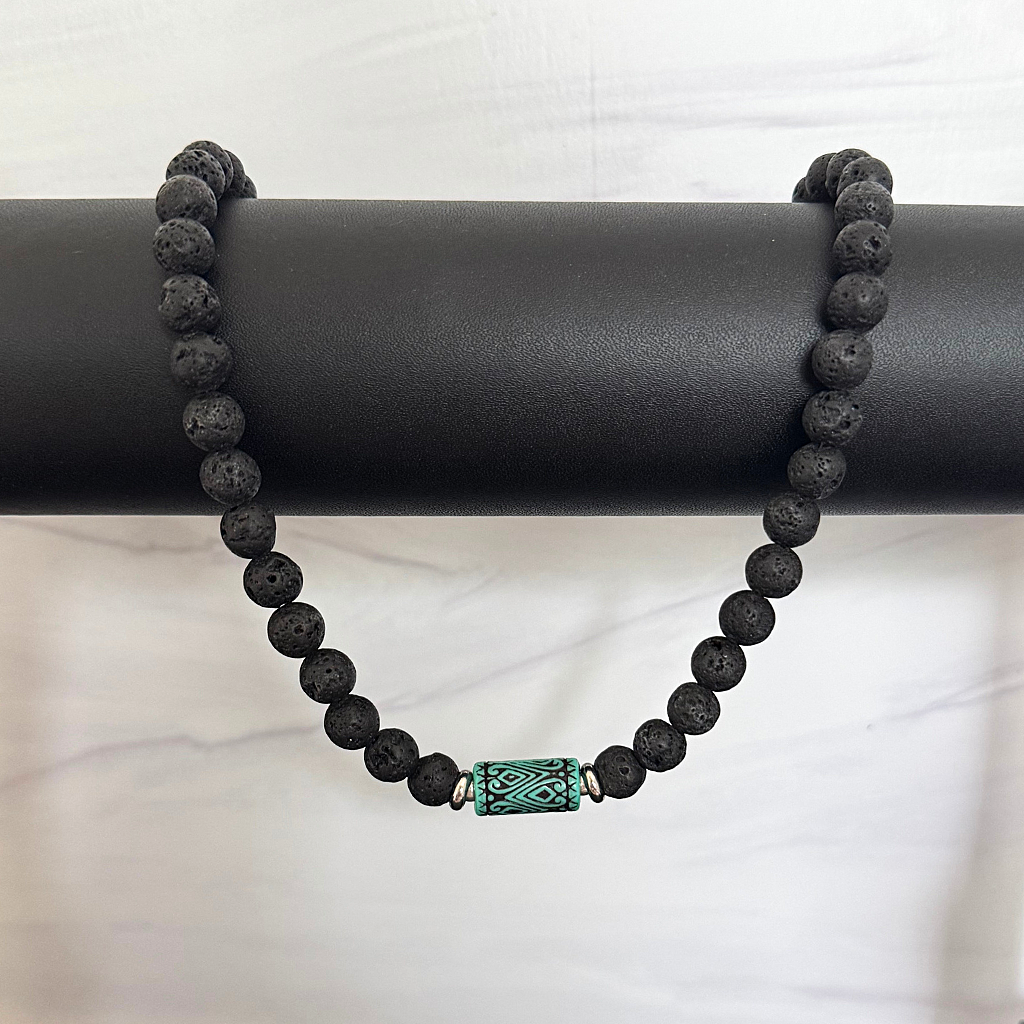 Mens Black Lava and Turquoise Statement Beaded Necklace On A Black Rod