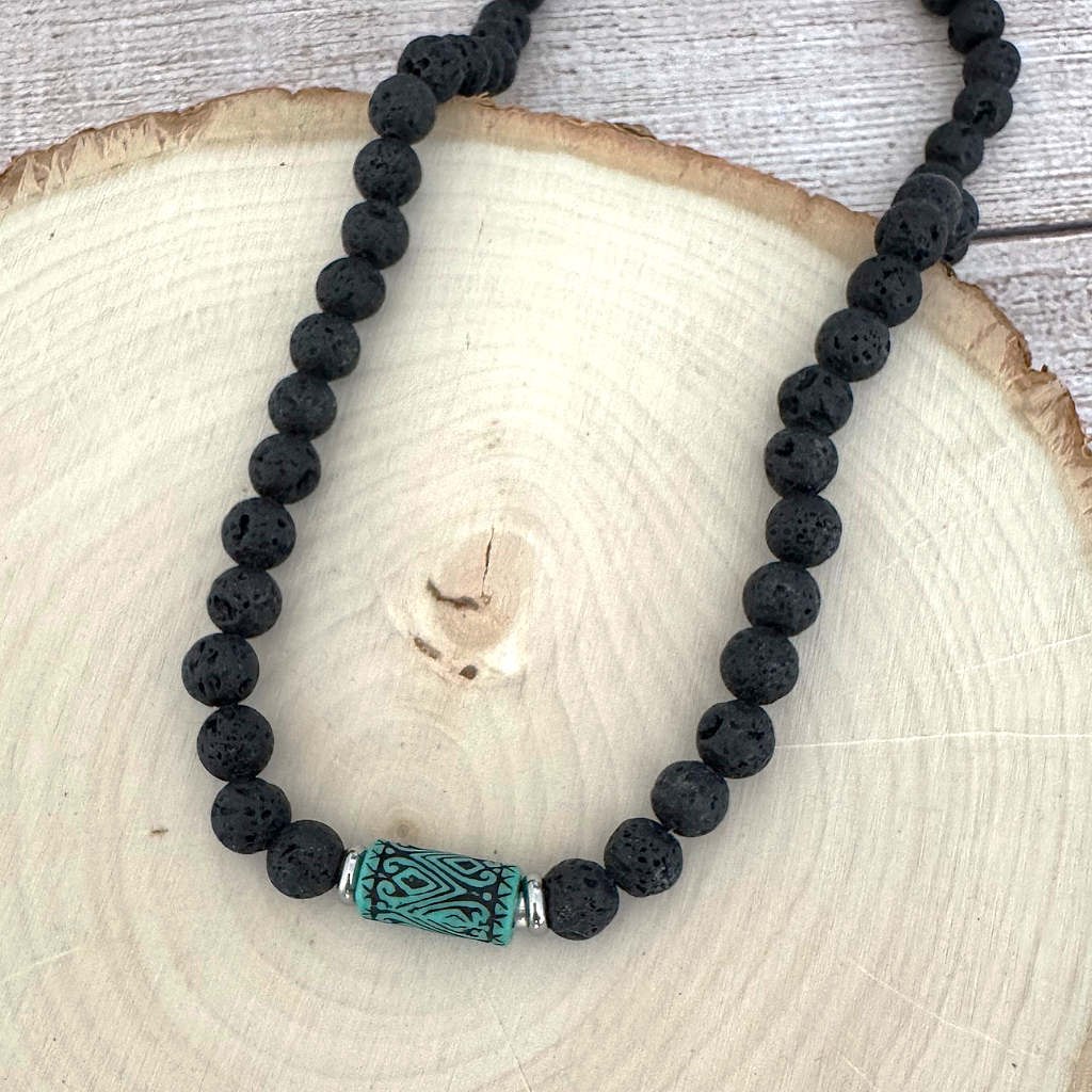Mens Black Lava and Turquoise Statement Beaded Necklace On Wood