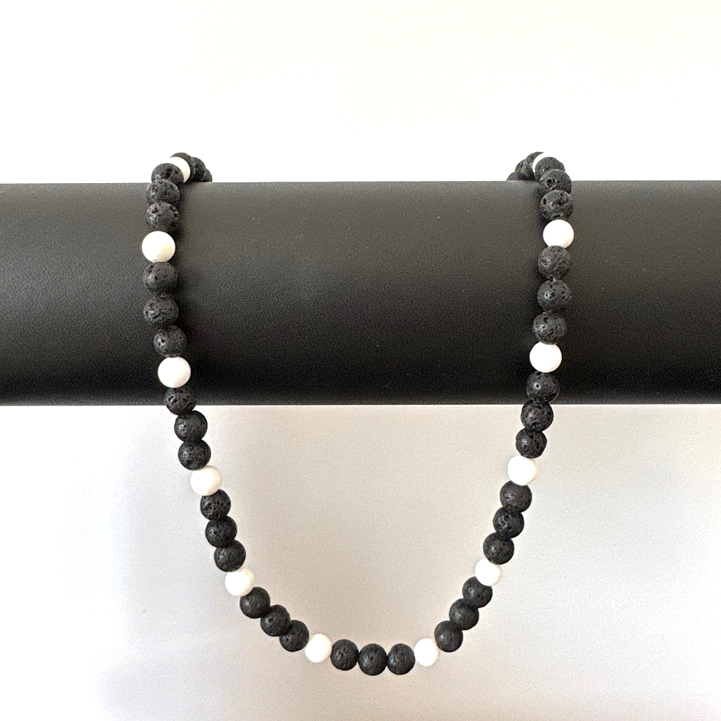 Mens Black Lava and White Shell Beaded Necklace On A Black Rod