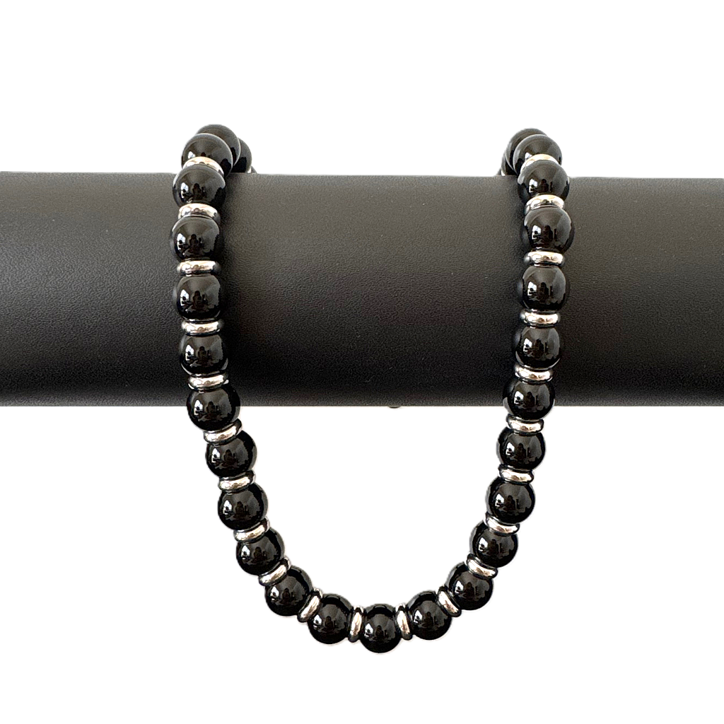 Mens Black Onyx 10mm and Silver Ring Beaded Necklace On A Black Rod.