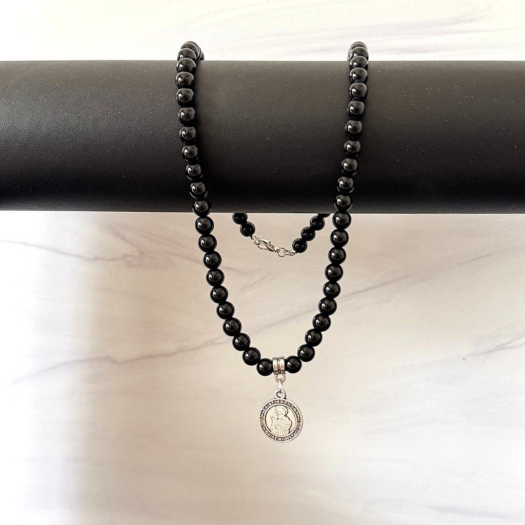 Mens Black Onyx 6mm St. Anthony Pendant Beaded Necklace On A Pole