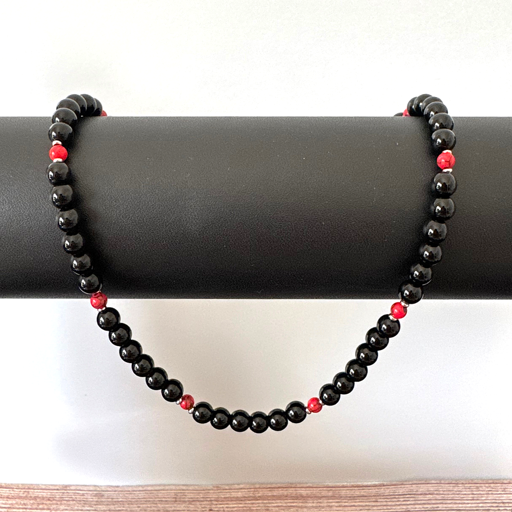 Mens Black Onyx 6mm and Red Howlite Beaded Necklace - JaeBee