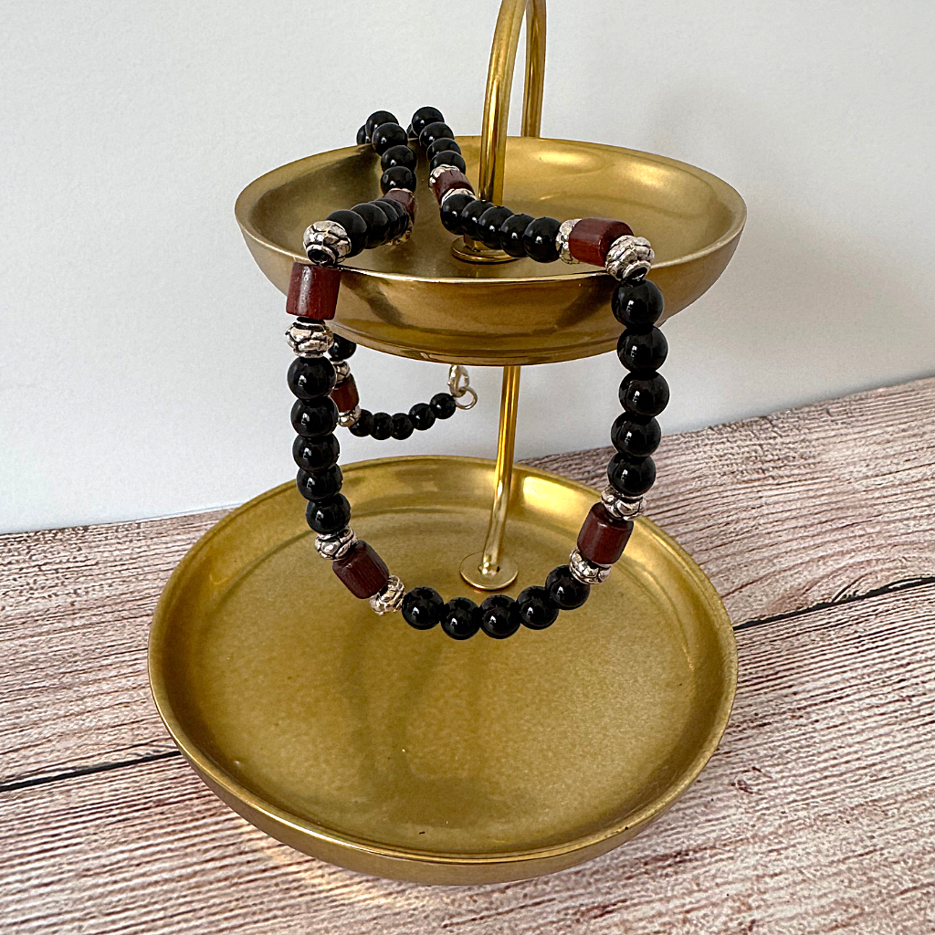 Mens Black Onyx 6mm and Rosewood Beaded Necklace On A Gold Tray