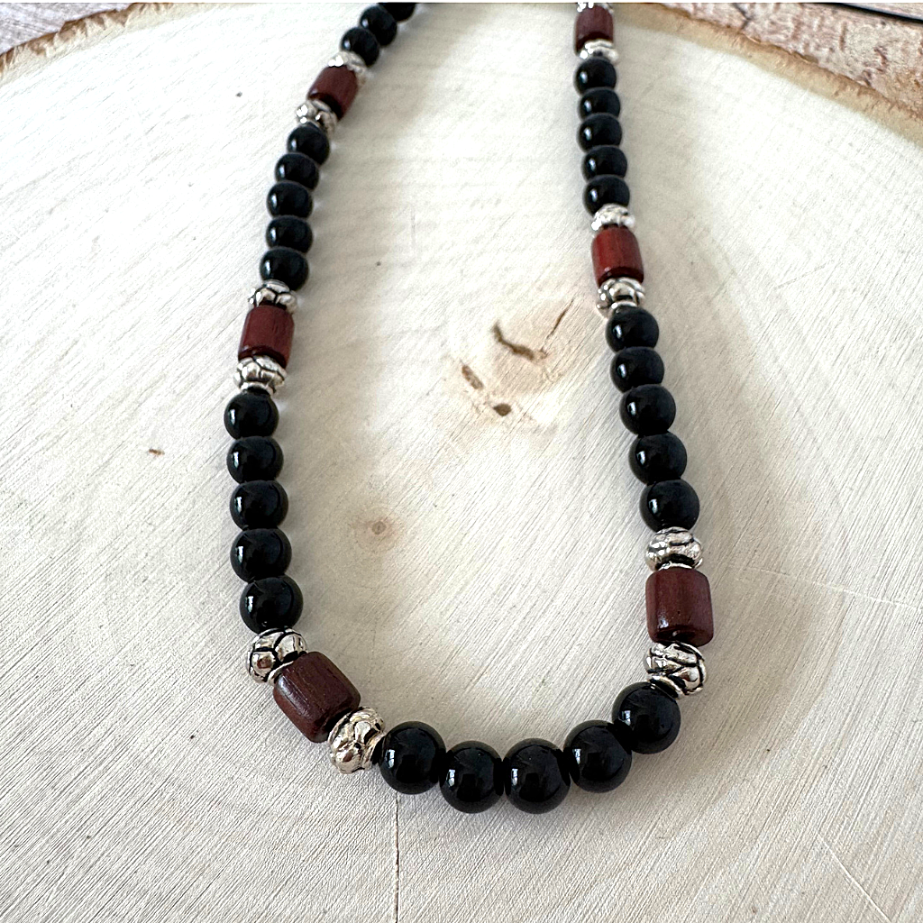 Mens Black Onyx 6mm and Rosewood Beaded Necklace On Wood