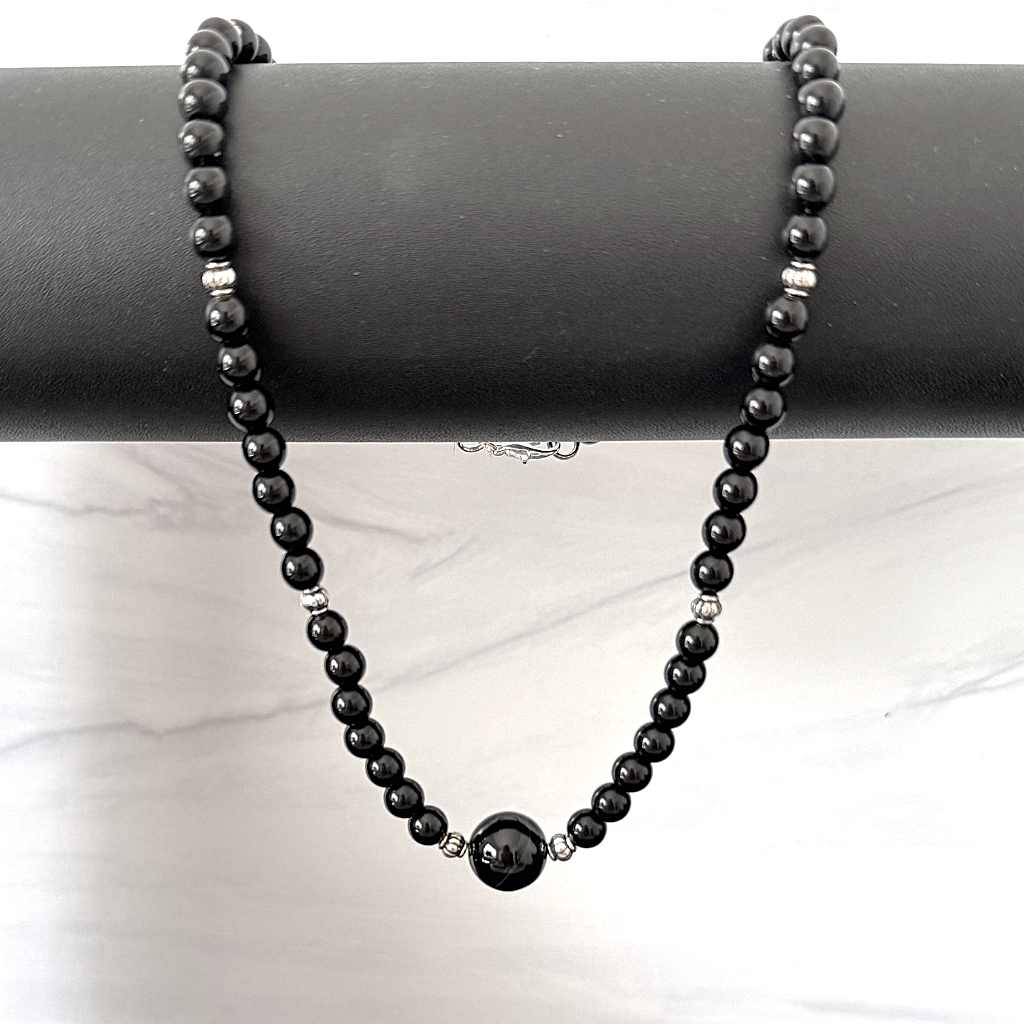 Mens Black Onyx 6mm and Silver Beaded Necklace On A Pole