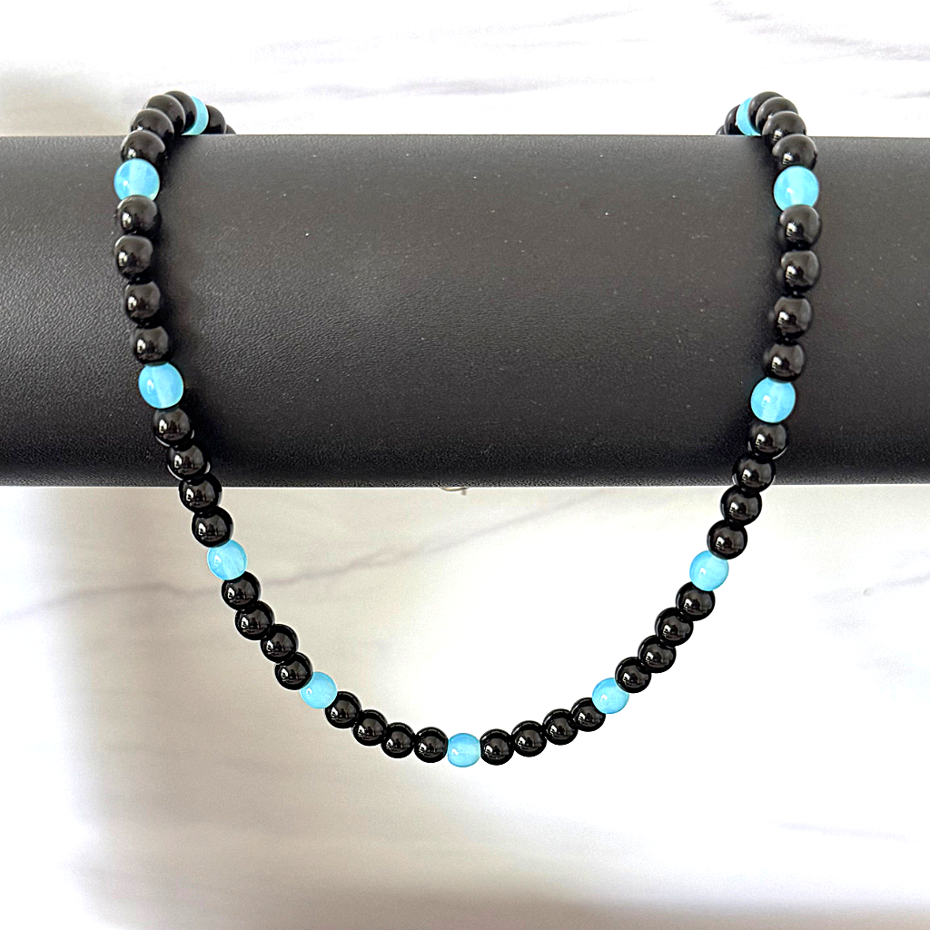 Mens Black Onyx and Baby Blue Czech Beaded Necklace On A Pole