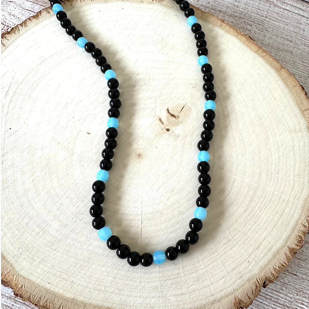 Mens Black Onyx and Baby Blue Czech Beaded Necklace On Wood 
