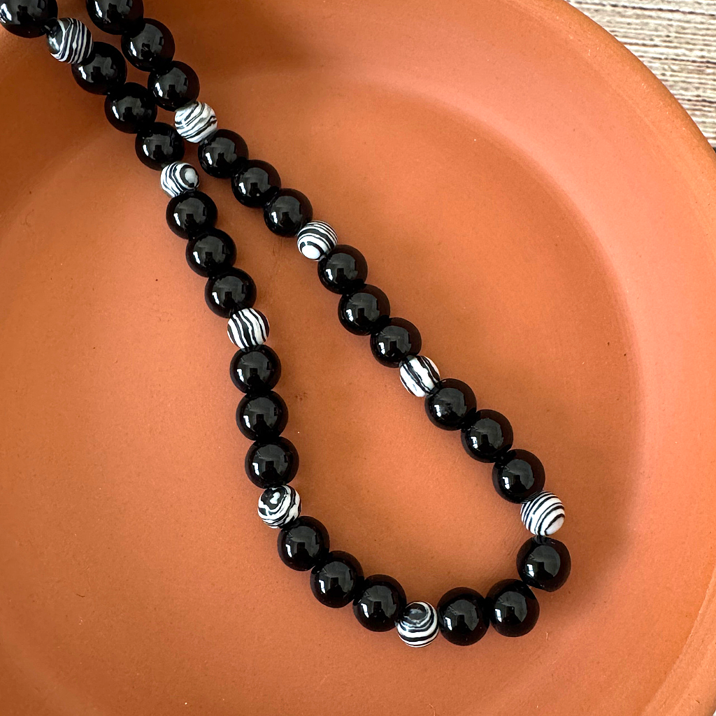 Mens Black Onyx and Black and White Agate Beaded Necklace On A Plate.