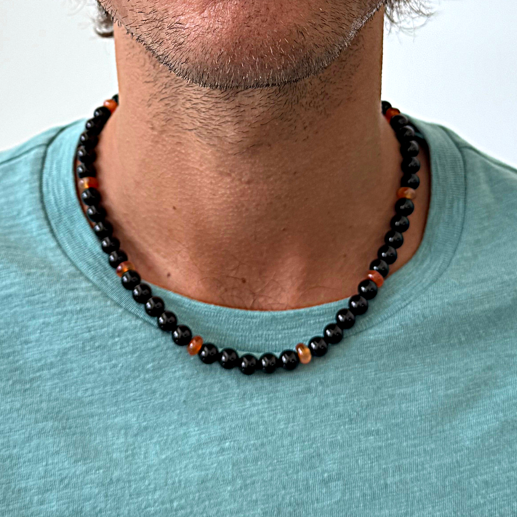 Mens Black Onyx and Carnelian Rondelle Beaded Necklace