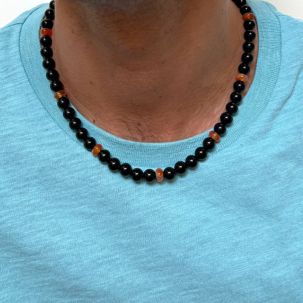Mens Black Onyx and Carnelian Rondelle Beaded Necklace