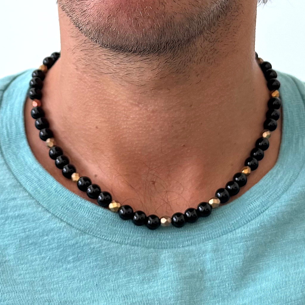 Mens Black Onyx and Czech Matte Metallic Gold Copper Beaded Necklace On A Man.