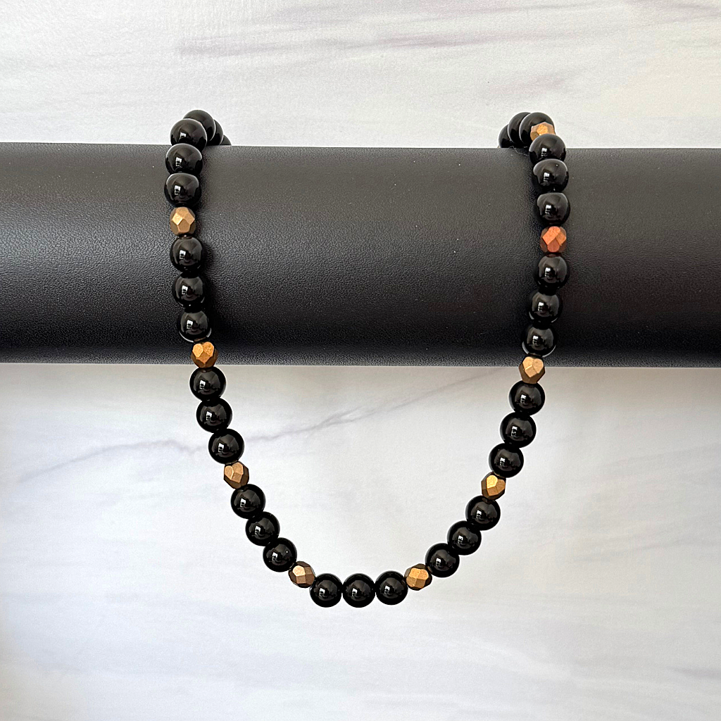 Mens Black Onyx and Czech Matte Metallic Gold Copper Beaded Necklace On A Black Bar