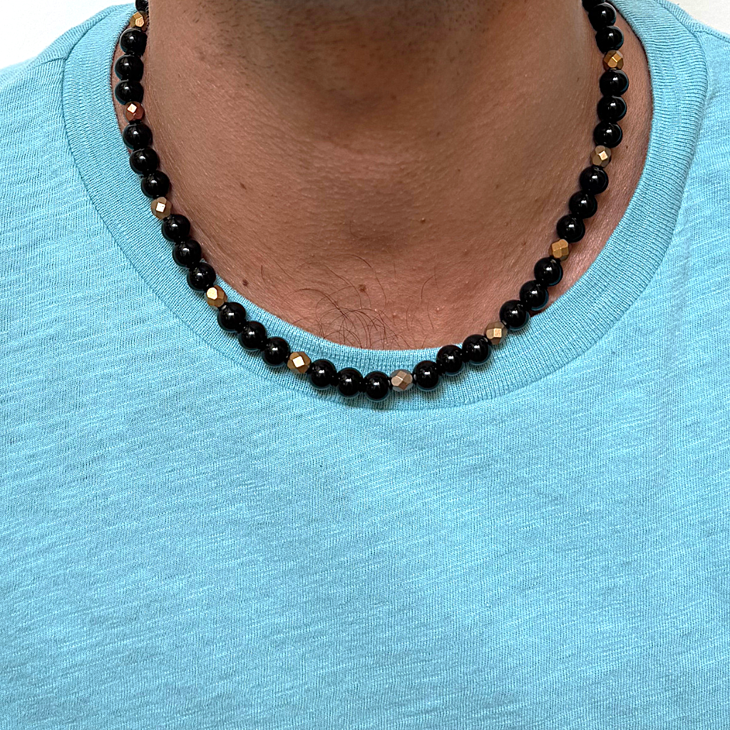 Mens Black Onyx and Czech Matte Metallic Gold Copper Beaded Necklace