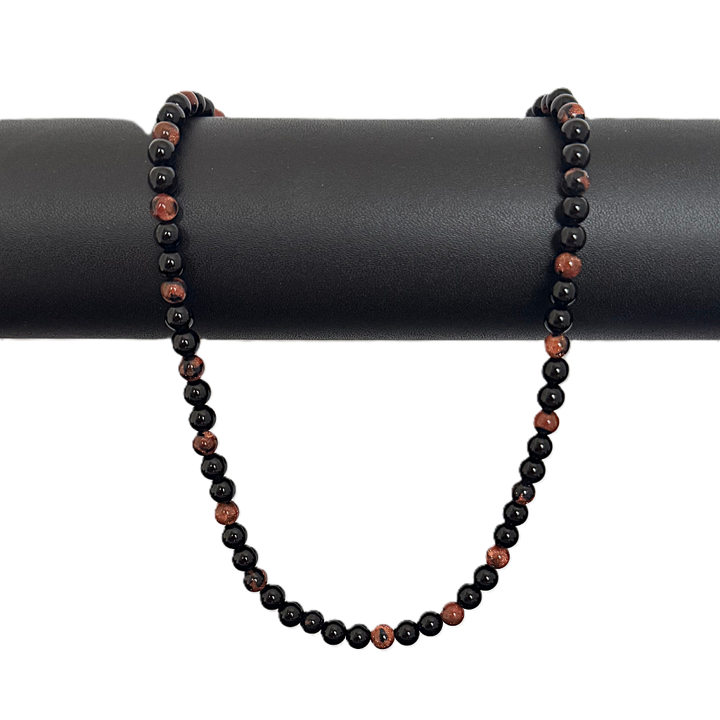 Mens Black Onyx and Goldstone Beaded Necklace On A Black Rod