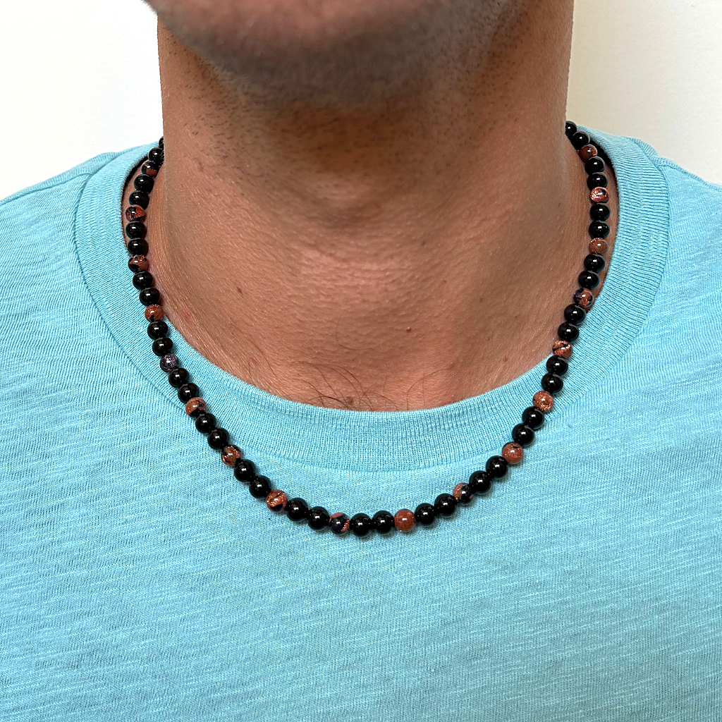 Mens Black Onyx and Goldstone Beaded Necklace On A Man.