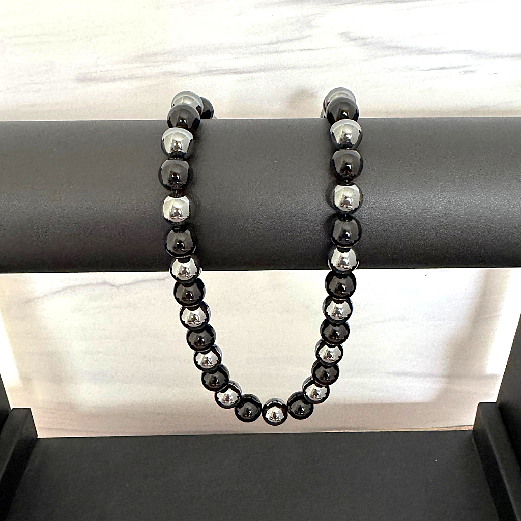 Mens Black Onyx and Hematite 10mm Beaded Necklace On A Black Rod
