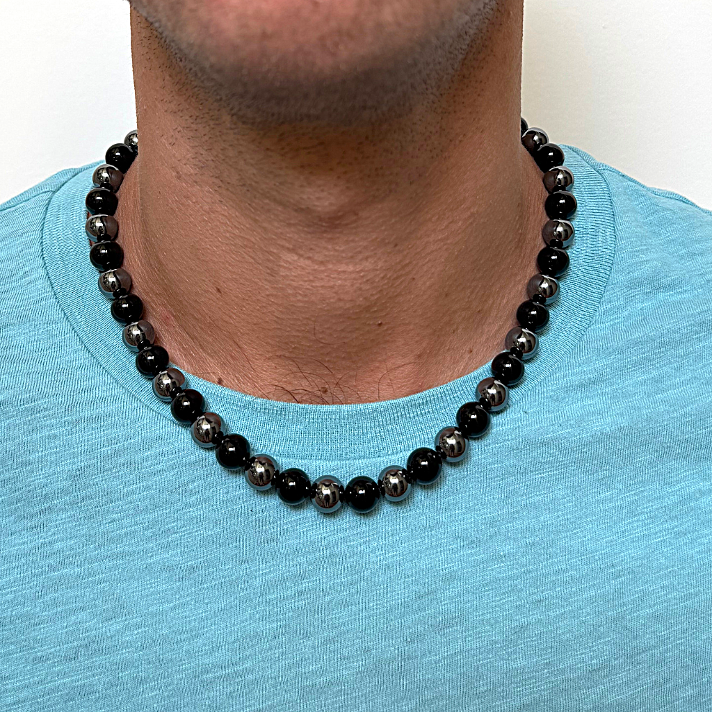 Mens Black Onyx and Hematite 10mm Beaded Necklace On A Man.