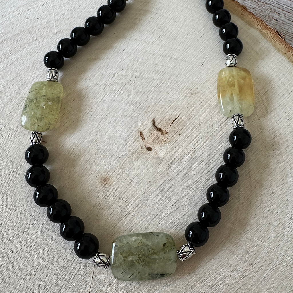 Mens Black Onyx and Prehnite Beaded Necklace