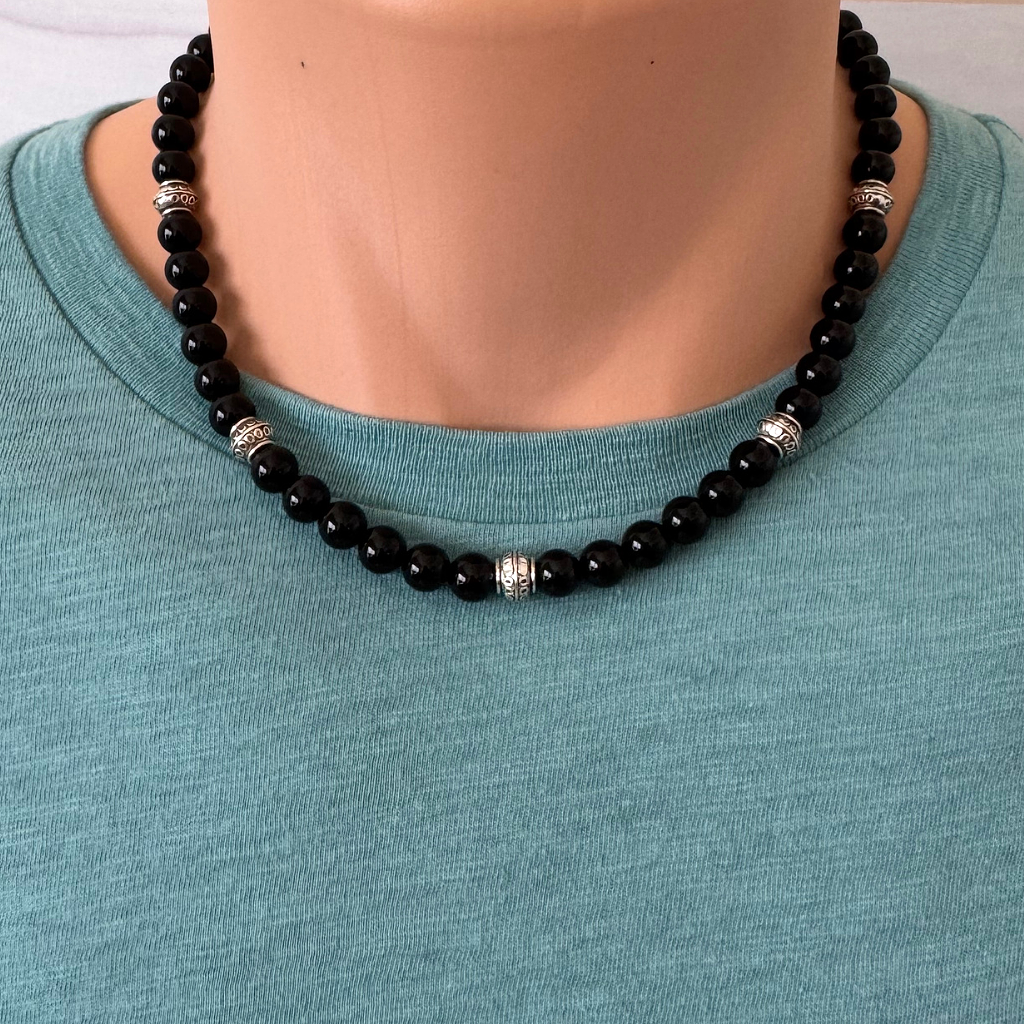 Mens Black Onyx and Silver Barrel Beaded Necklace.