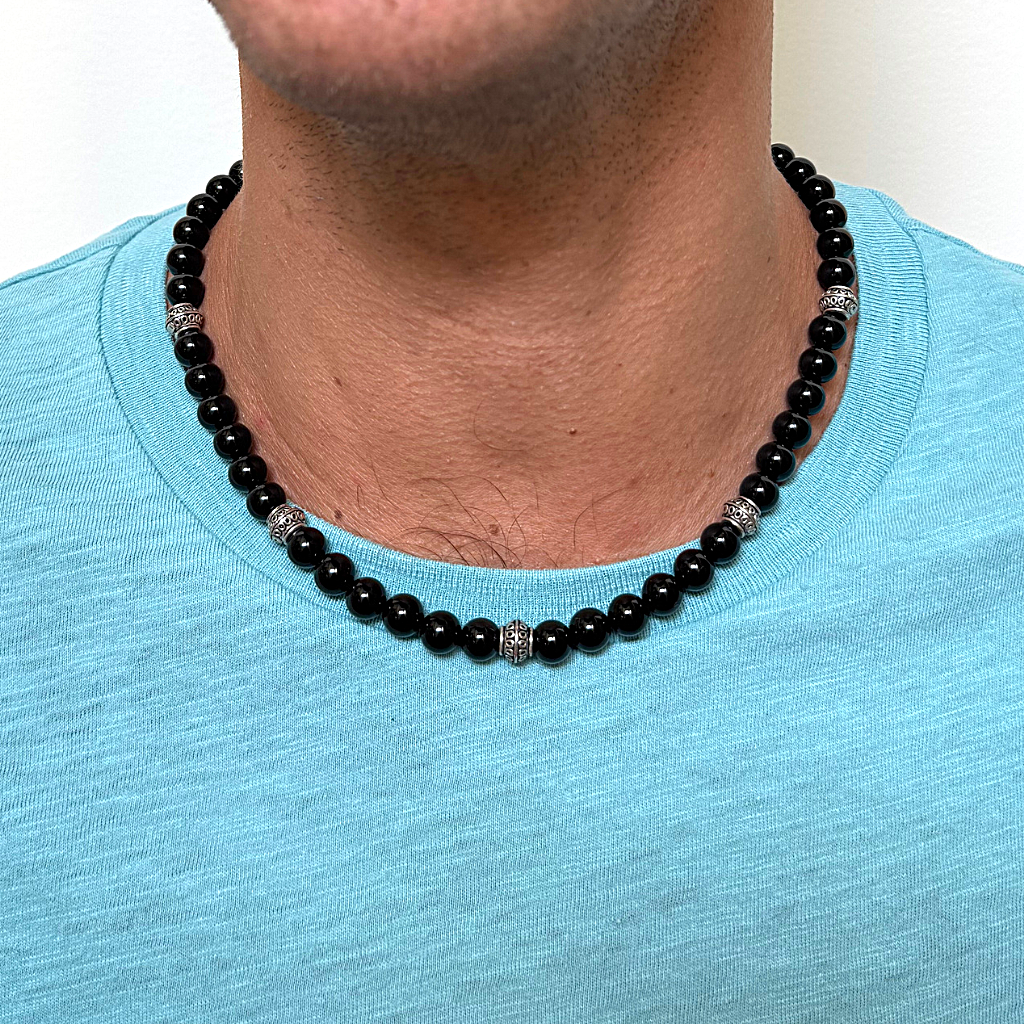 Mens Black Onyx and Silver Barrel Beaded Necklace On A Man