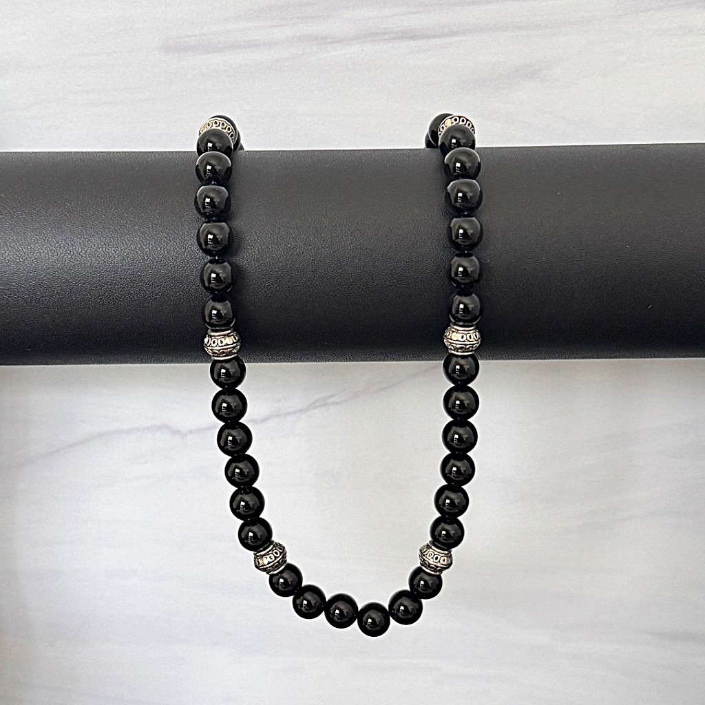 Mens Black Onyx and Silver Barrel Beaded Necklace Black Bar