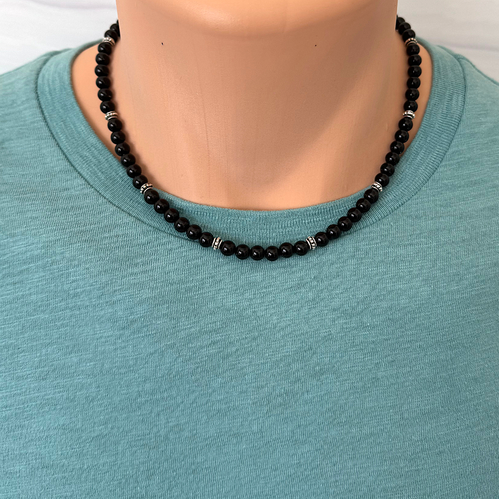 Mens Black Onyx and Silver 6mm Beaded Necklace.