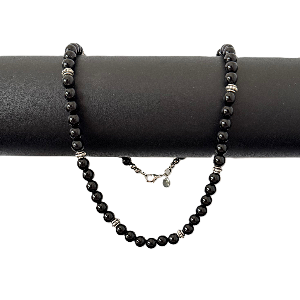 Mens Black Onyx and Silver Beaded Necklace On A Black Rod