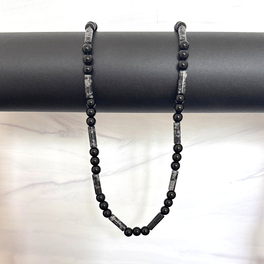 Mens Black Onyx and Snow Jasper Beaded Necklace On A Black Rod