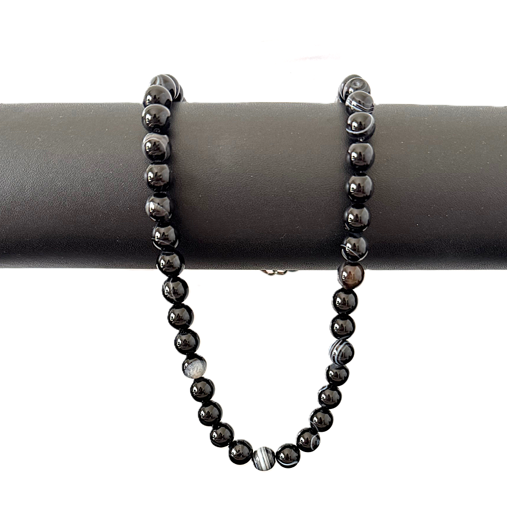Mens Black Sardonyx Beaded Necklace On A Black Rod