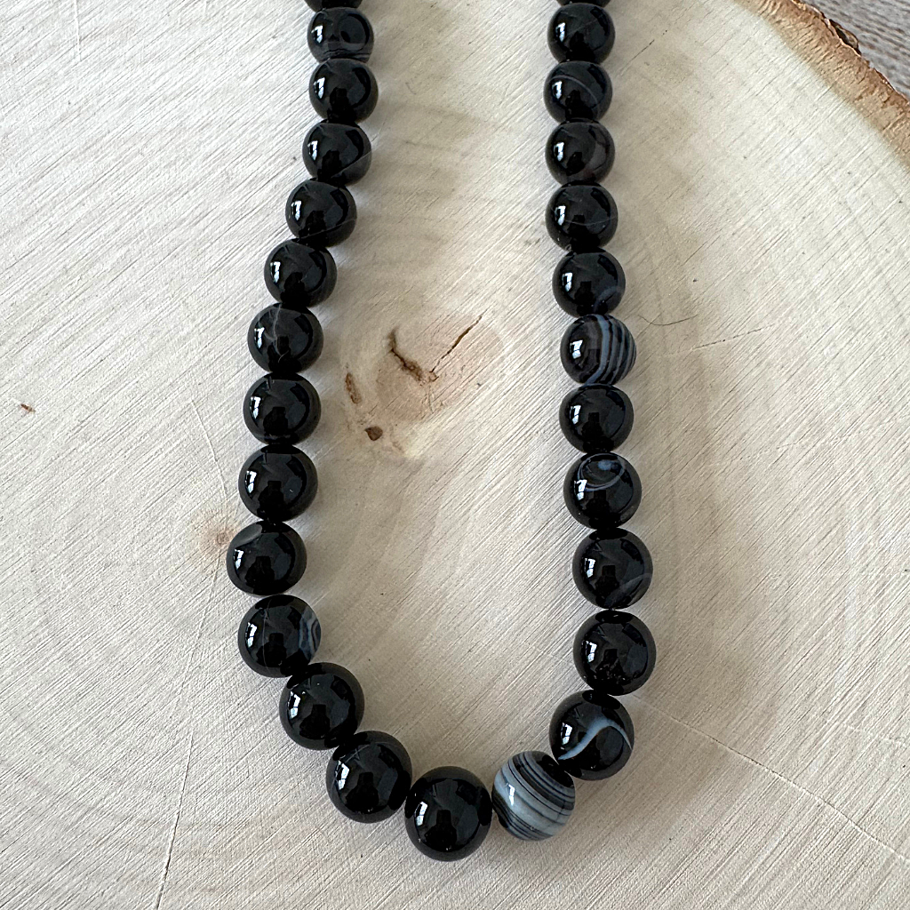 Mens Black Sardonyx Beaded Necklace On Light Wood