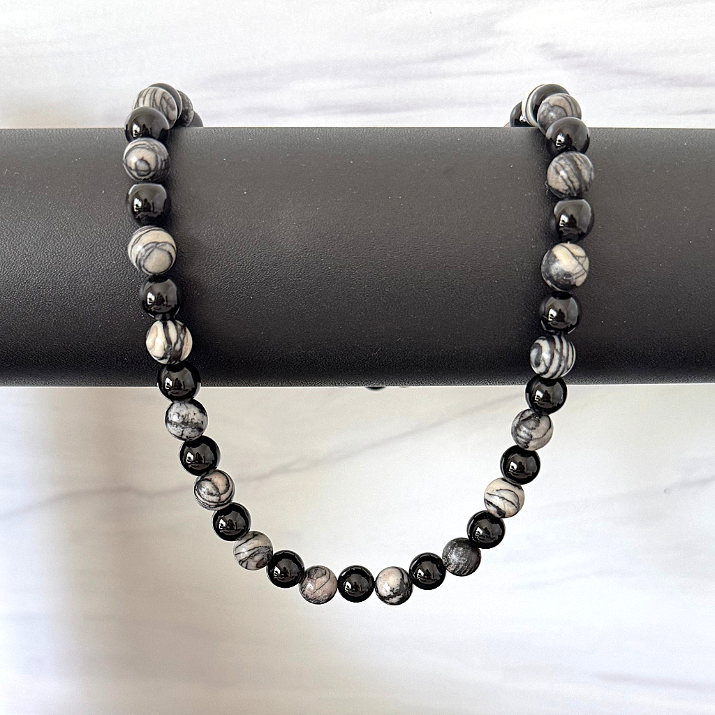 Mens Black Water Jasper and Black Onyx Beaded Necklace On a Black Bar