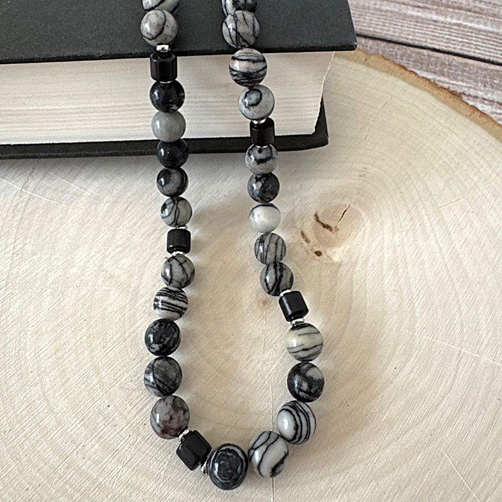 Mens Black Water Jasper and Black Wood Beaded Necklace - JaeBee