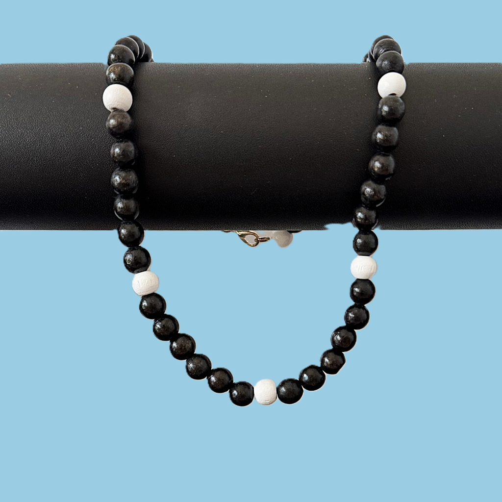 Mens Black and White Wood Necklace On A Black Rod