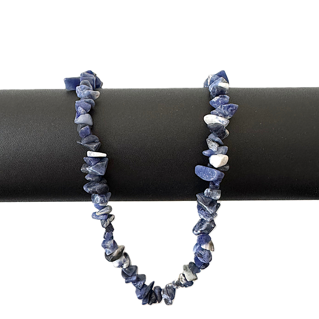 Mens Blue Lapis Chip Necklace on a black rod against a white background