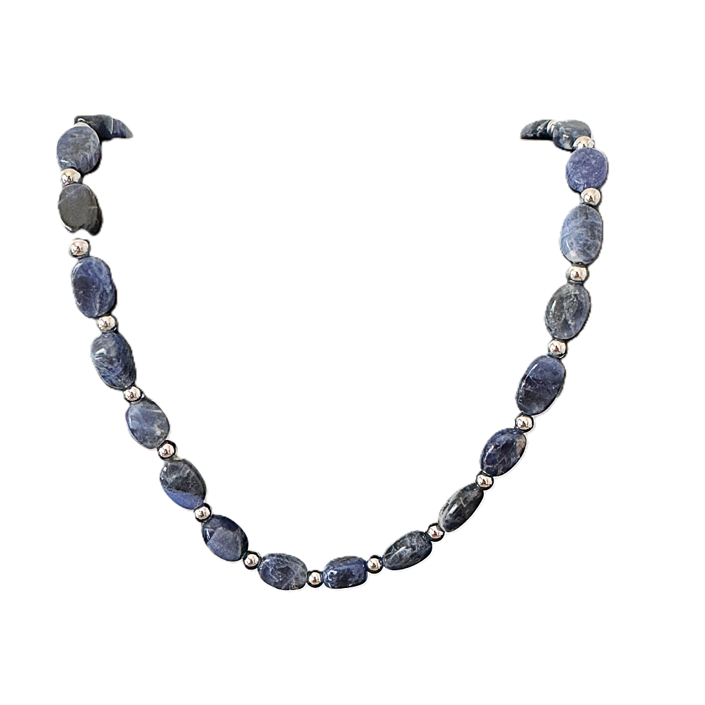 Mens Blue Sodalite Oval and Silver Beaded Necklace White Background