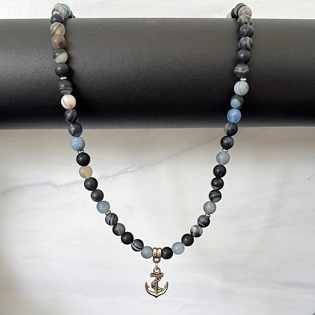 Mens Blue Storm Line Matte Agate Beaded Necklace and Silver Anchor On Black Bar