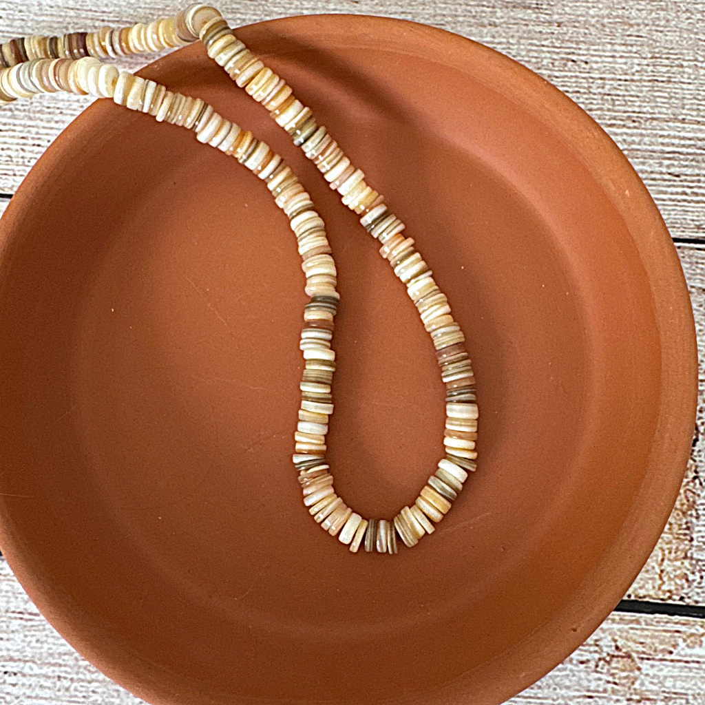 Mens Brown 6mm Shell Disc Beaded Necklace On a Tarracotta Dish