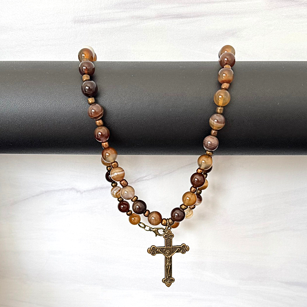 Mens Brown Agate and Brass Cross Charm Beaded 20" Necklace On Pole