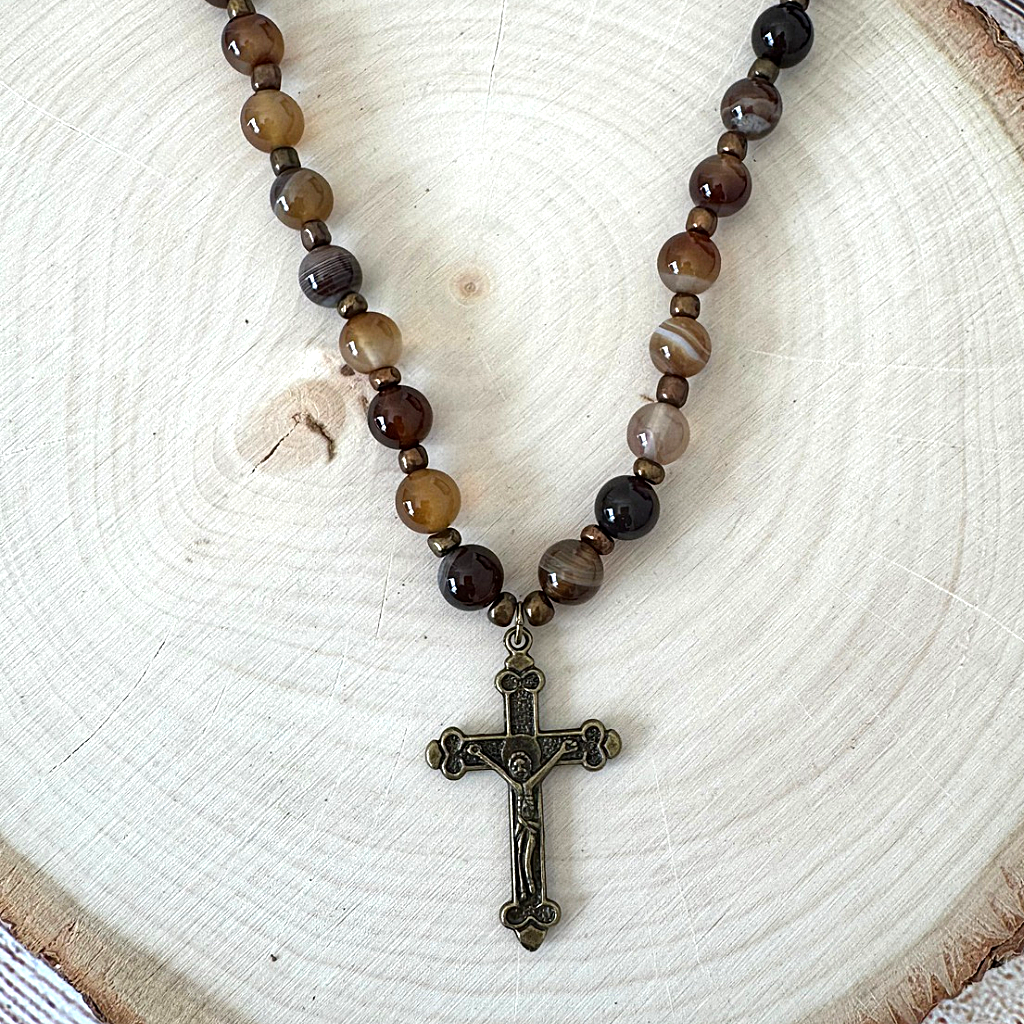 Mens Brown Agate and Brass Cross Charm Beaded Necklace On Wood